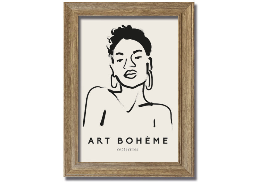 Framed print of a woman wearing earrings, showcasing elegant design and multiple frame colour options.