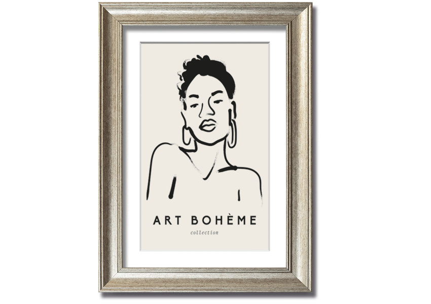 Framed print of a woman wearing earrings, showcasing elegant design and multiple frame colour options.