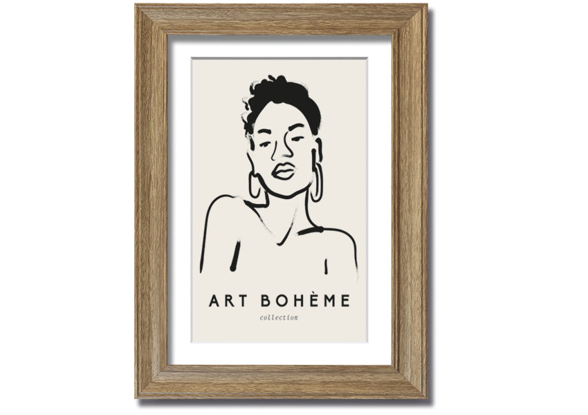 Framed print of a woman wearing earrings, showcasing elegant design and multiple frame colour options.