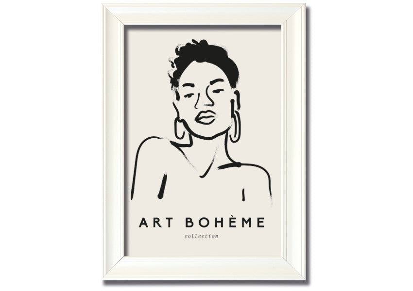 Framed print of a woman wearing earrings, showcasing elegant design and multiple frame colour options.