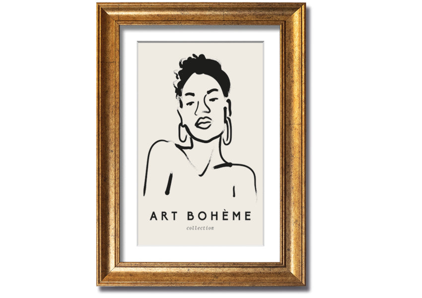 Framed print of a woman wearing earrings, showcasing elegant design and multiple frame colour options.