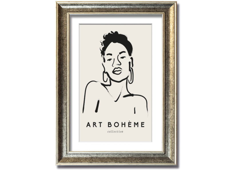 Framed print of a woman wearing earrings, showcasing elegant design and multiple frame colour options.