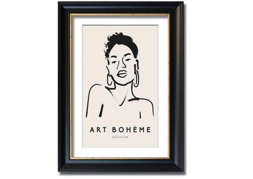 Framed print of a woman wearing earrings, showcasing elegant design and multiple frame colour options.