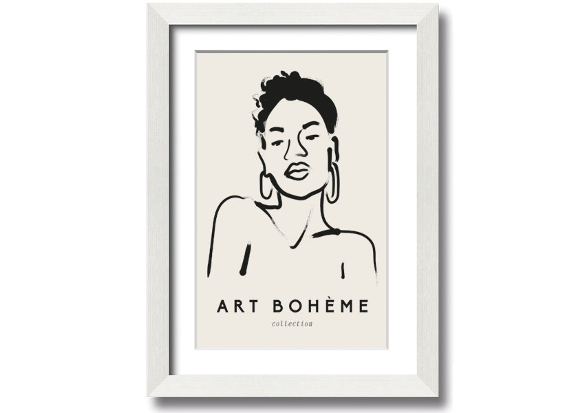 Framed print of a woman wearing earrings, showcasing elegant design and multiple frame colour options.