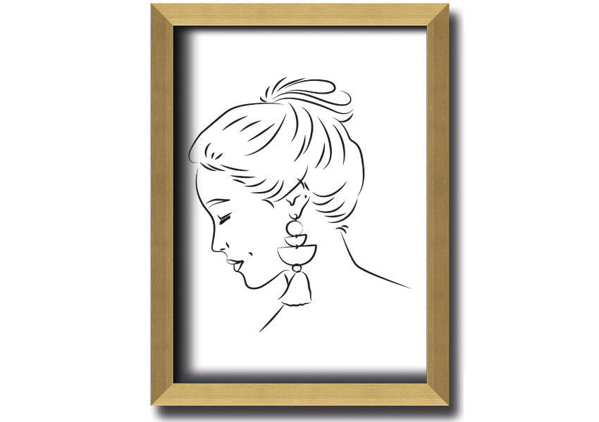 Framed print of a woman wearing earrings, showcasing elegant design and multiple frame colour options.