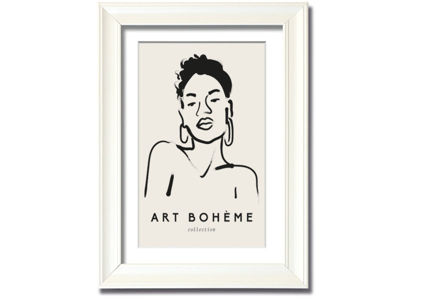 Framed print of a woman wearing earrings, showcasing elegant design and multiple frame colour options.