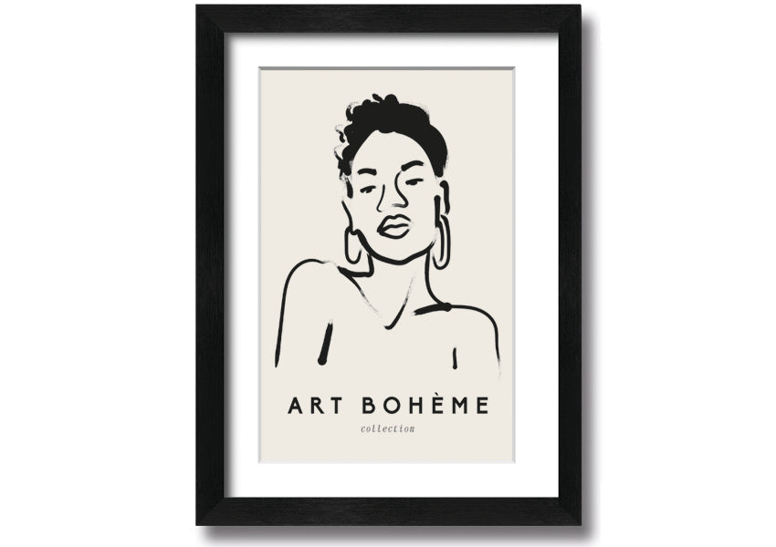 Framed print of a woman wearing earrings, showcasing elegant design and multiple frame colour options.