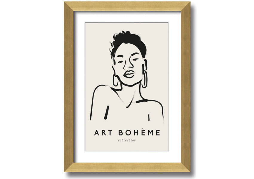 Framed print of a woman wearing earrings, showcasing elegant design and multiple frame colour options.