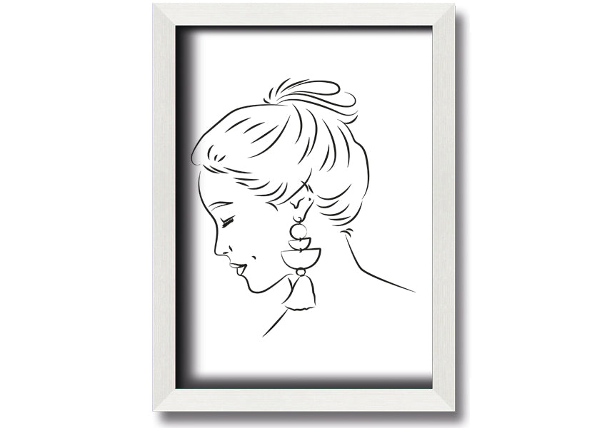 Framed print of a woman wearing earrings, showcasing elegant design and multiple frame colour options.