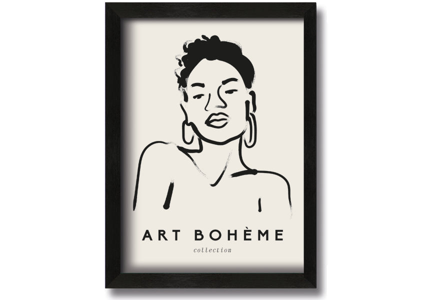 Framed print of a woman wearing earrings, showcasing elegant design and multiple frame colour options.