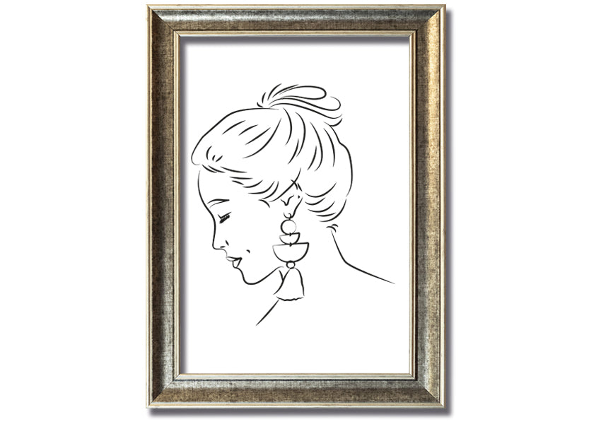 Framed print of a woman wearing earrings, showcasing elegant design and multiple frame colour options.