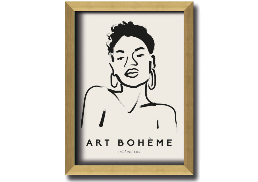 Framed print of a woman wearing earrings, showcasing elegant design and multiple frame colour options.