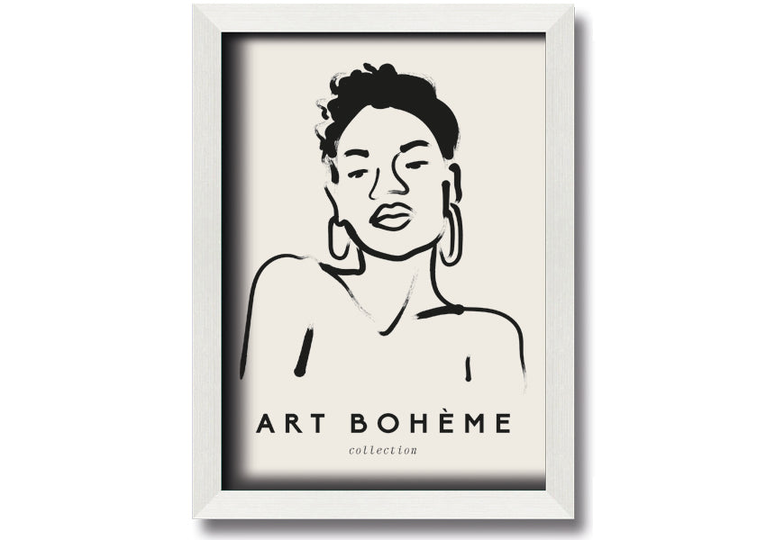 Framed print of a woman wearing earrings, showcasing elegant design and multiple frame colour options.