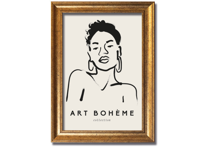 Framed print of a woman wearing earrings, showcasing elegant design and multiple frame colour options.