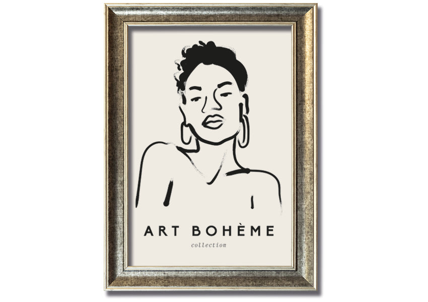 Framed print of a woman wearing earrings, showcasing elegant design and multiple frame colour options.