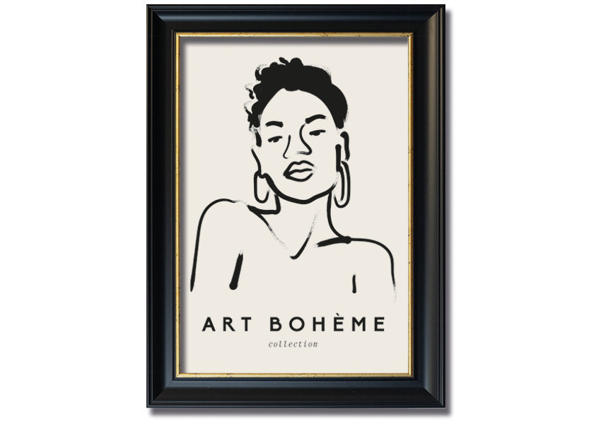 Framed print of a woman wearing earrings, showcasing elegant design and multiple frame colour options.