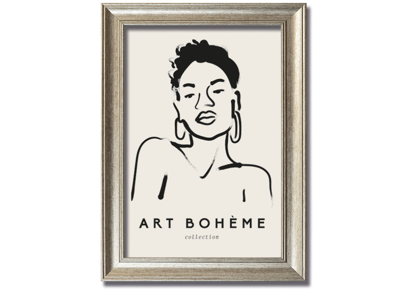 Framed print of a woman wearing earrings, showcasing elegant design and multiple frame colour options.