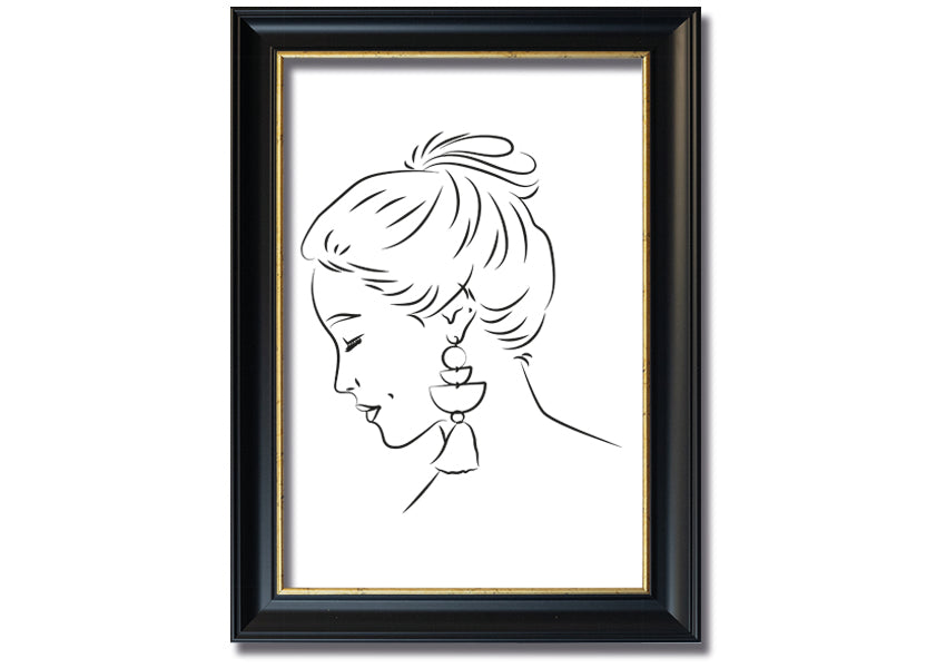 Framed print of a woman wearing earrings, showcasing elegant design and multiple frame colour options.