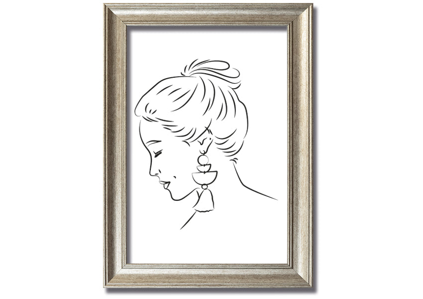 Framed print of a woman wearing earrings, showcasing elegant design and multiple frame colour options.