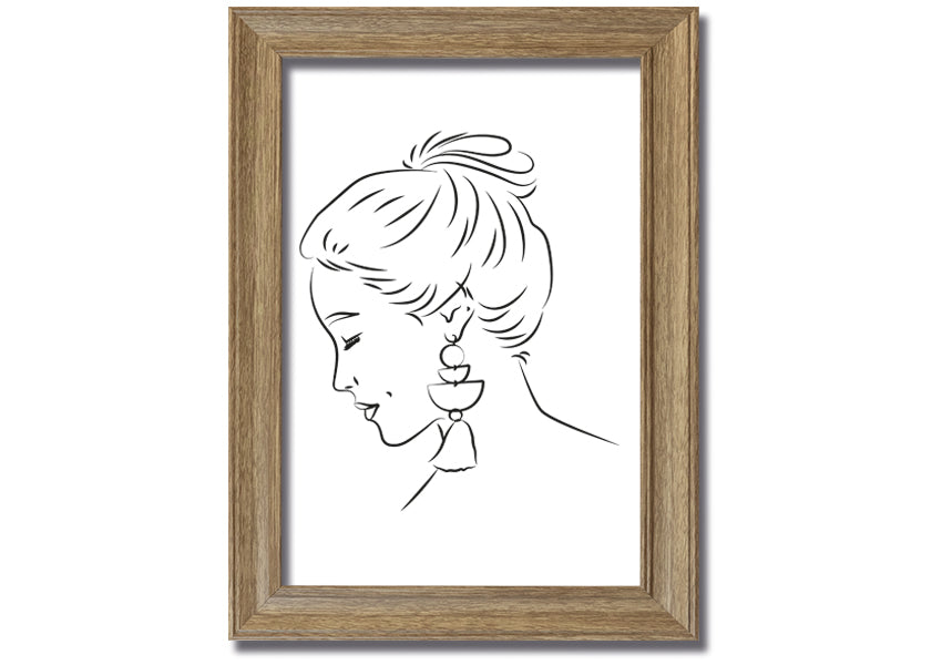 Framed print of a woman wearing earrings, showcasing elegant design and multiple frame colour options.