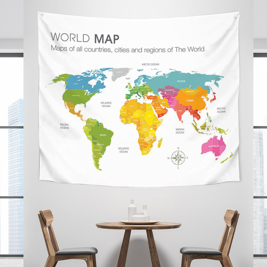 A vibrant and modern fabric World Map poster measuring 150cm x 130cm, showcasing detailed geographical features.