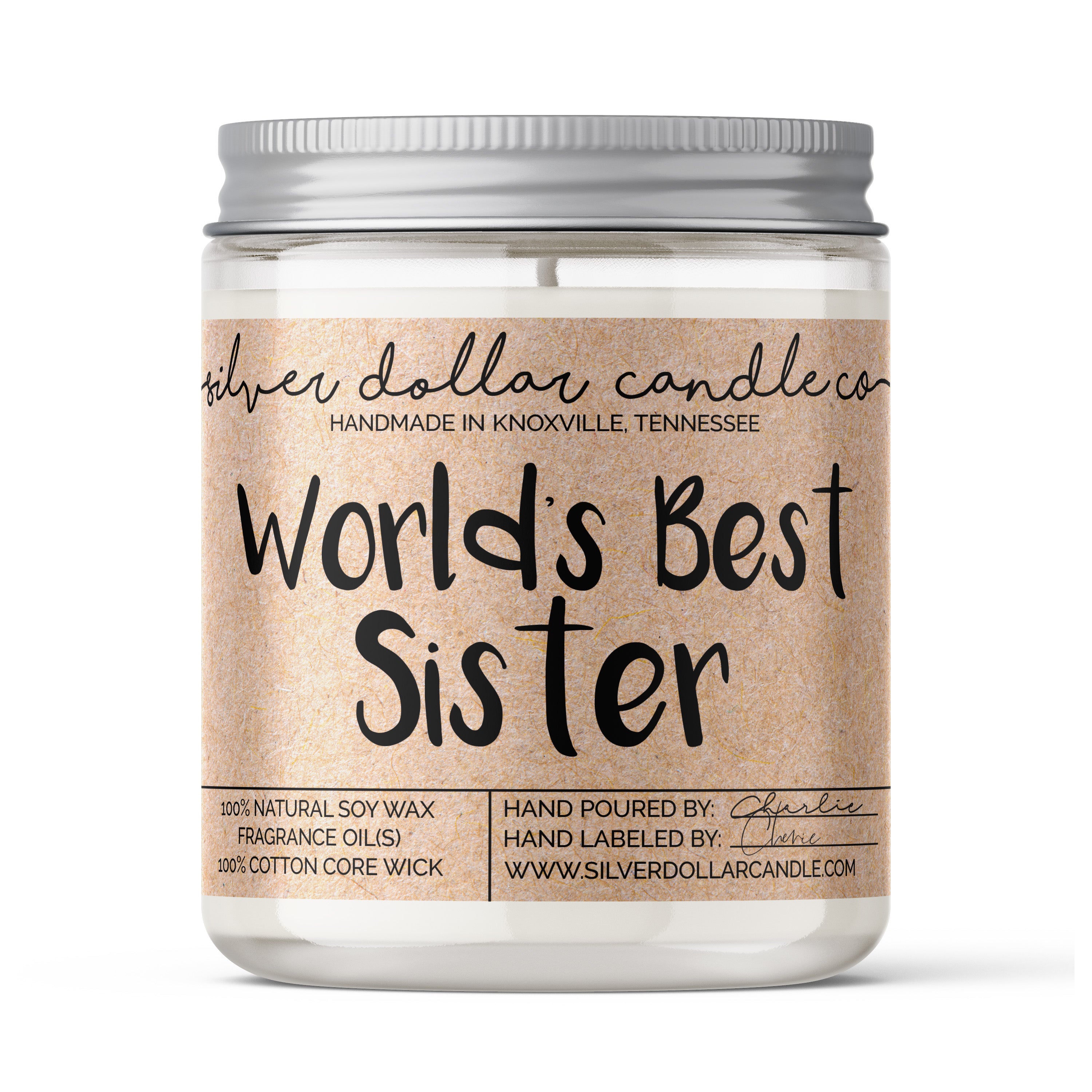 World's Best Sister Candle made from 100% all-natural soy wax, elegantly presented in a gift box with a personalized lid.