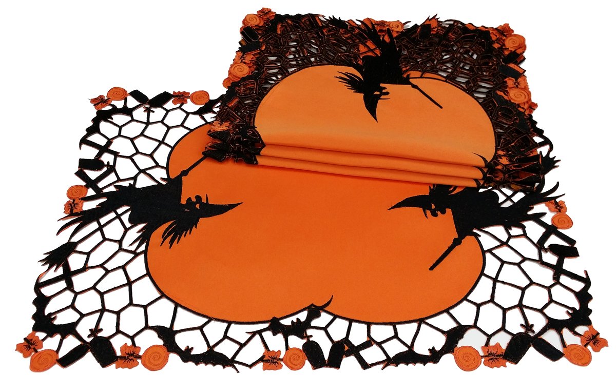 Set of 4 XD11013 Witch Placemats featuring intricate witch embroidery on vibrant orange polyviscose fabric, perfect for Halloween decor.