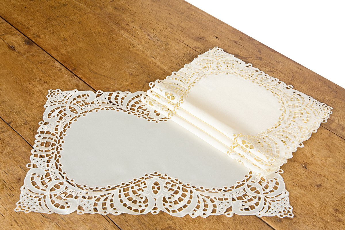 Set of 4 XD10181 Dainty Lace Placemats featuring intricate lace cutwork on a solid background, available in White and Ivory.