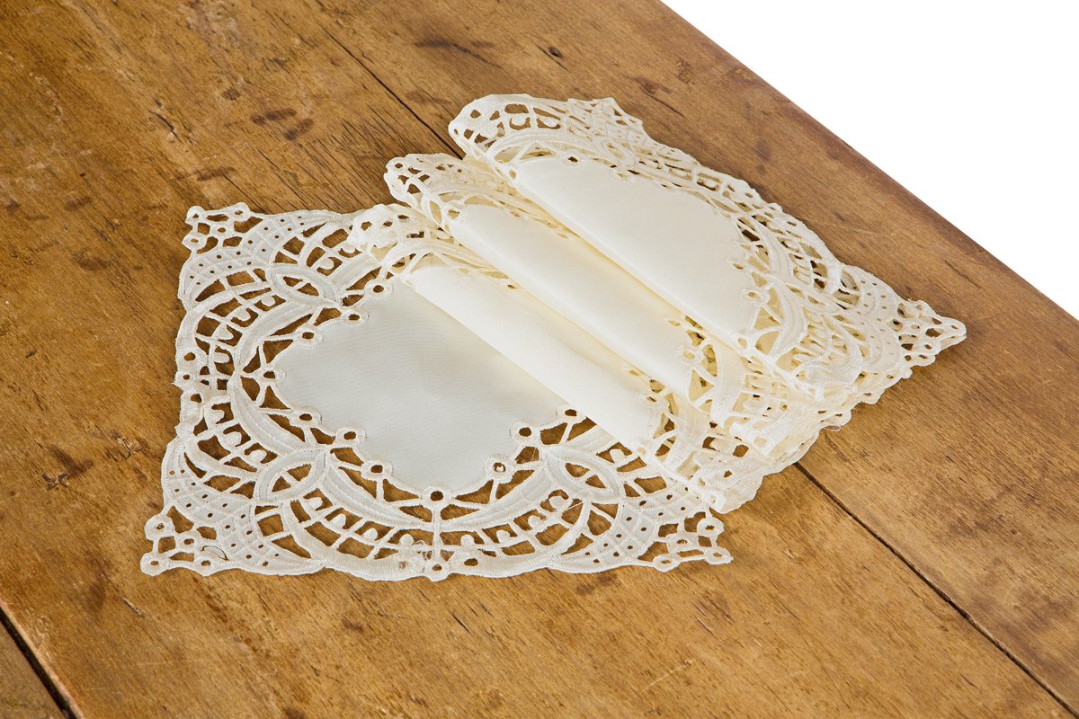 Set of 4 XD10181 Dainty Lace Square Doilies featuring intricate lace-style cutwork on a solid background in white and ivory colors.