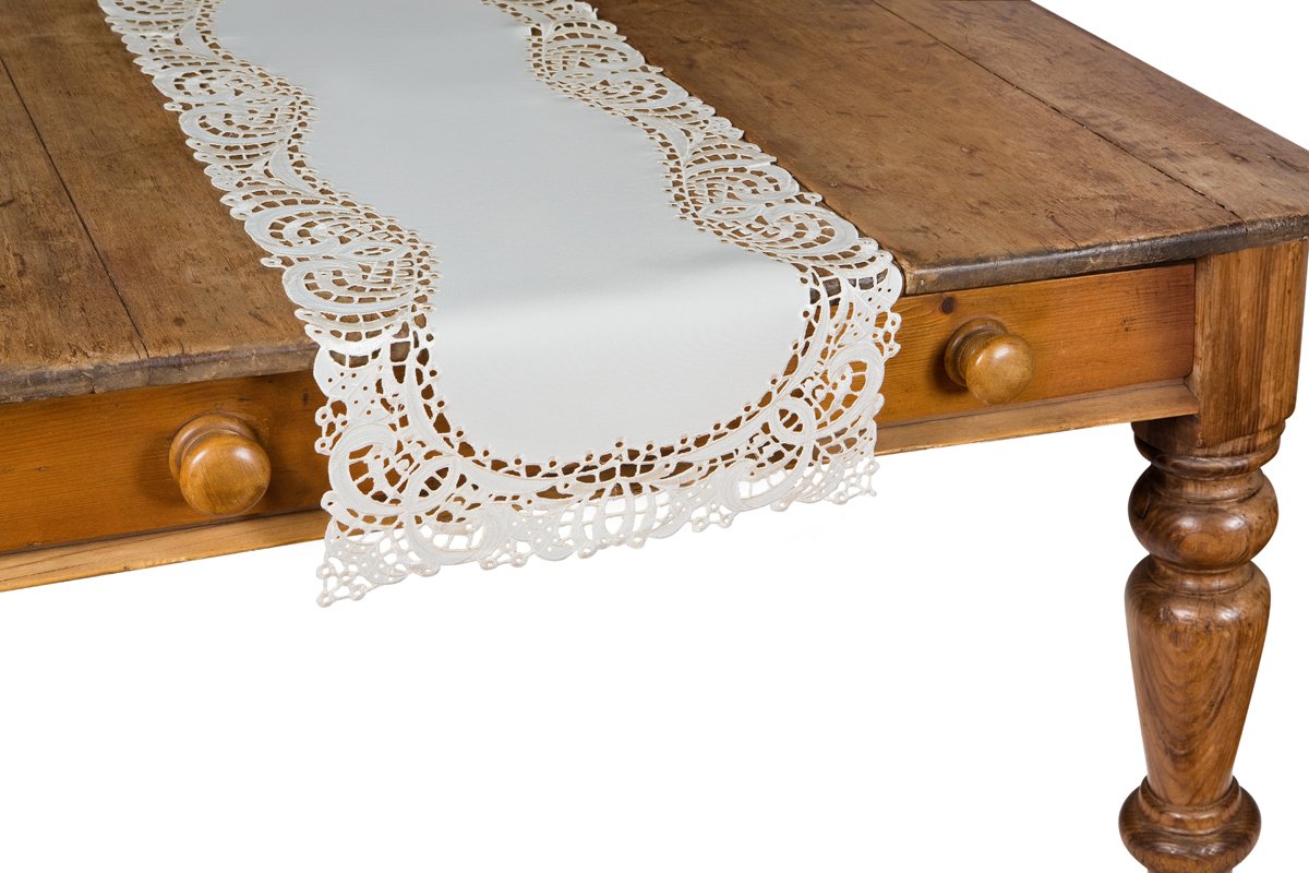 XD10181 Dainty Lace Table Runner featuring intricate lace cutwork on a solid background, available in white and ivory.