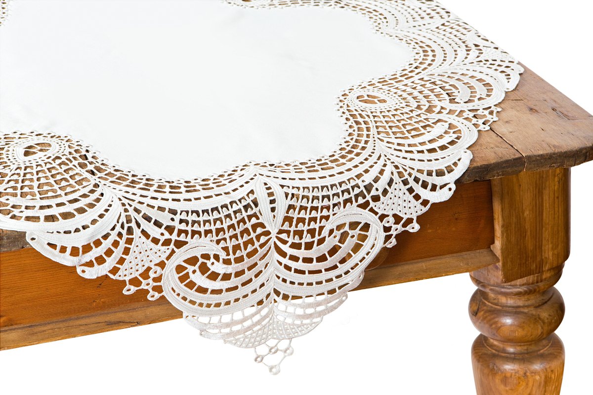 XD10181 Dainty Lace Table Topper in white with intricate lace cutwork, elegantly displayed on a dining table.