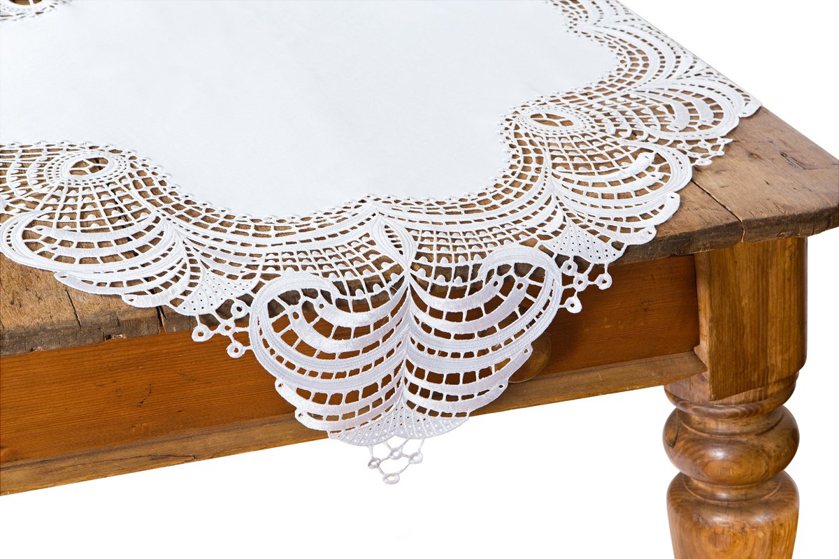 XD10181 Dainty Lace Table Topper in white with intricate lace cutwork, elegantly displayed on a dining table.