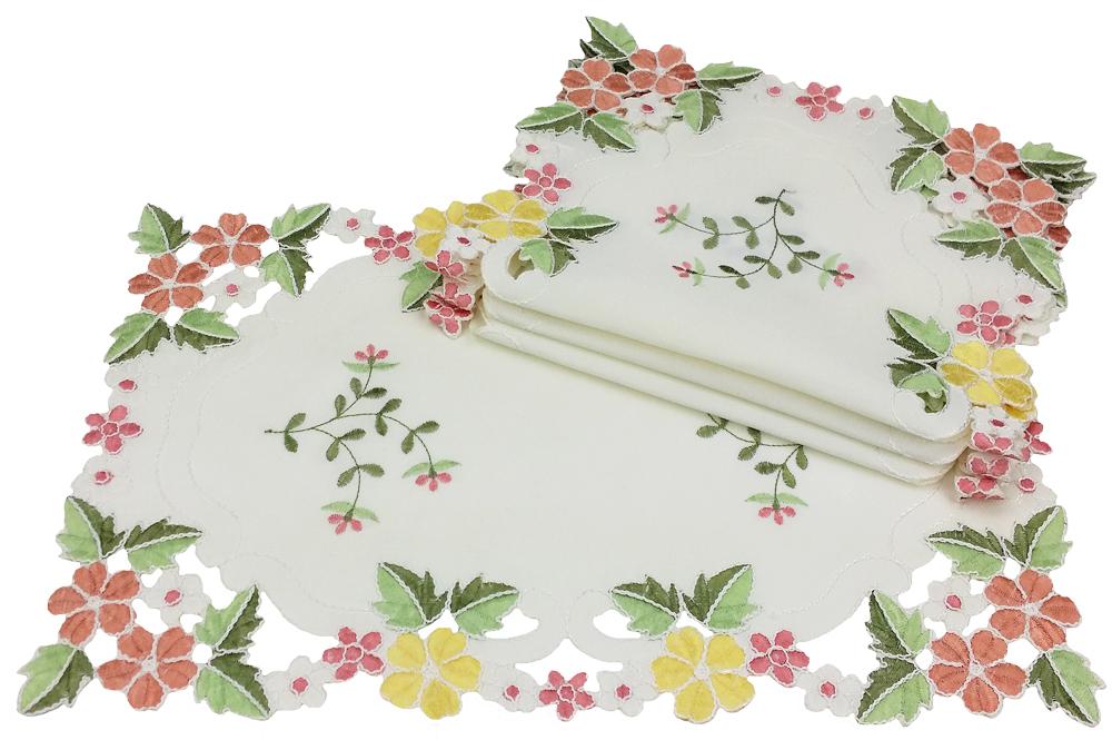 Set of 4 XD101812 Fancy Flowers Placemats featuring colorful floral embroidery and intricate cutwork design, perfect for spring and summer dining.