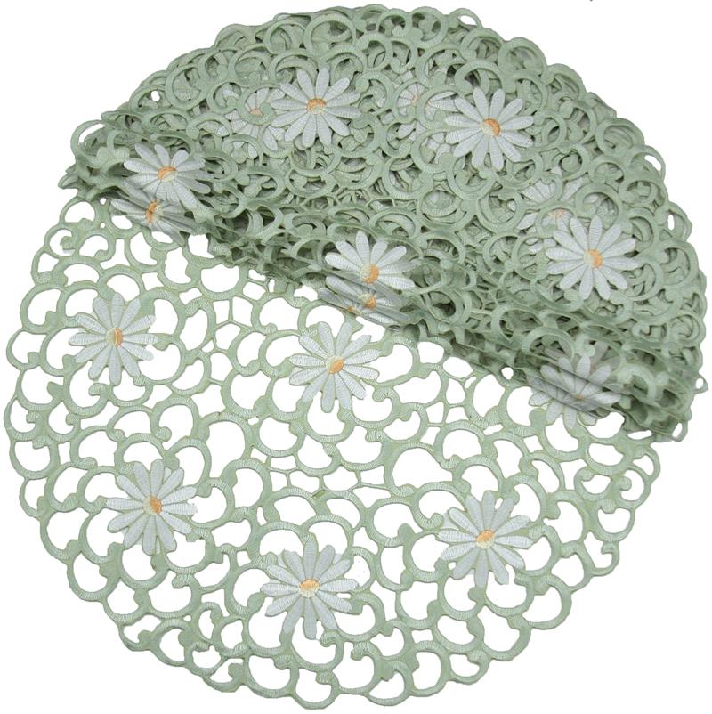 Set of 4 Daisy Splendor Round Doilies featuring intricate cutwork and floral embroidery, perfect for elegant table settings.