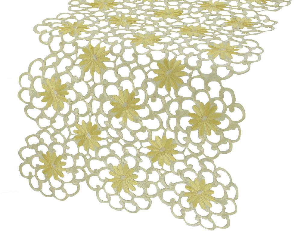 XD10183 Daisy Splendor Table Runner featuring intricate cutwork and daisy embroidery on a soft polyviscose fabric.