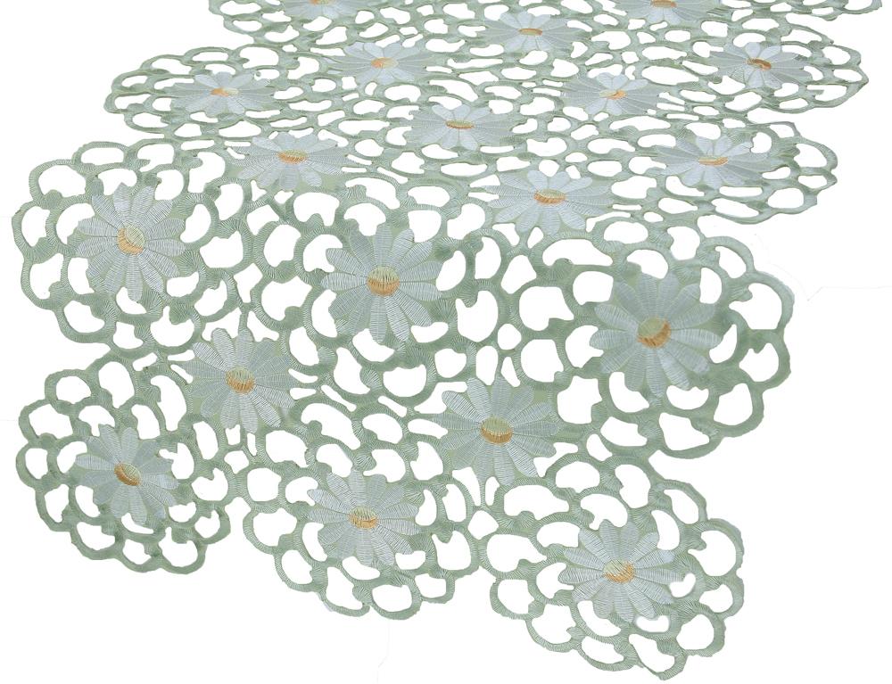 XD10183 Daisy Splendor Table Runner featuring intricate cutwork and daisy embroidery on a soft polyviscose fabric.