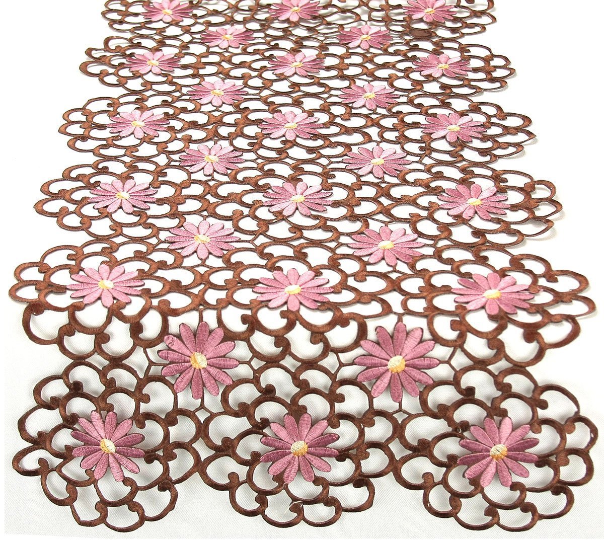 XD10183 Daisy Splendor Table Runner featuring intricate cutwork and daisy embroidery on a soft polyviscose fabric.