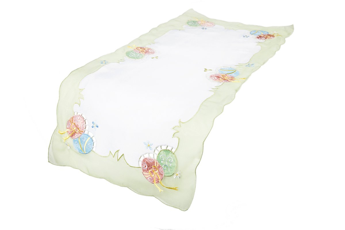 Colorful embroidered Easter egg mini table runner with green sheer border, perfect for festive table settings.