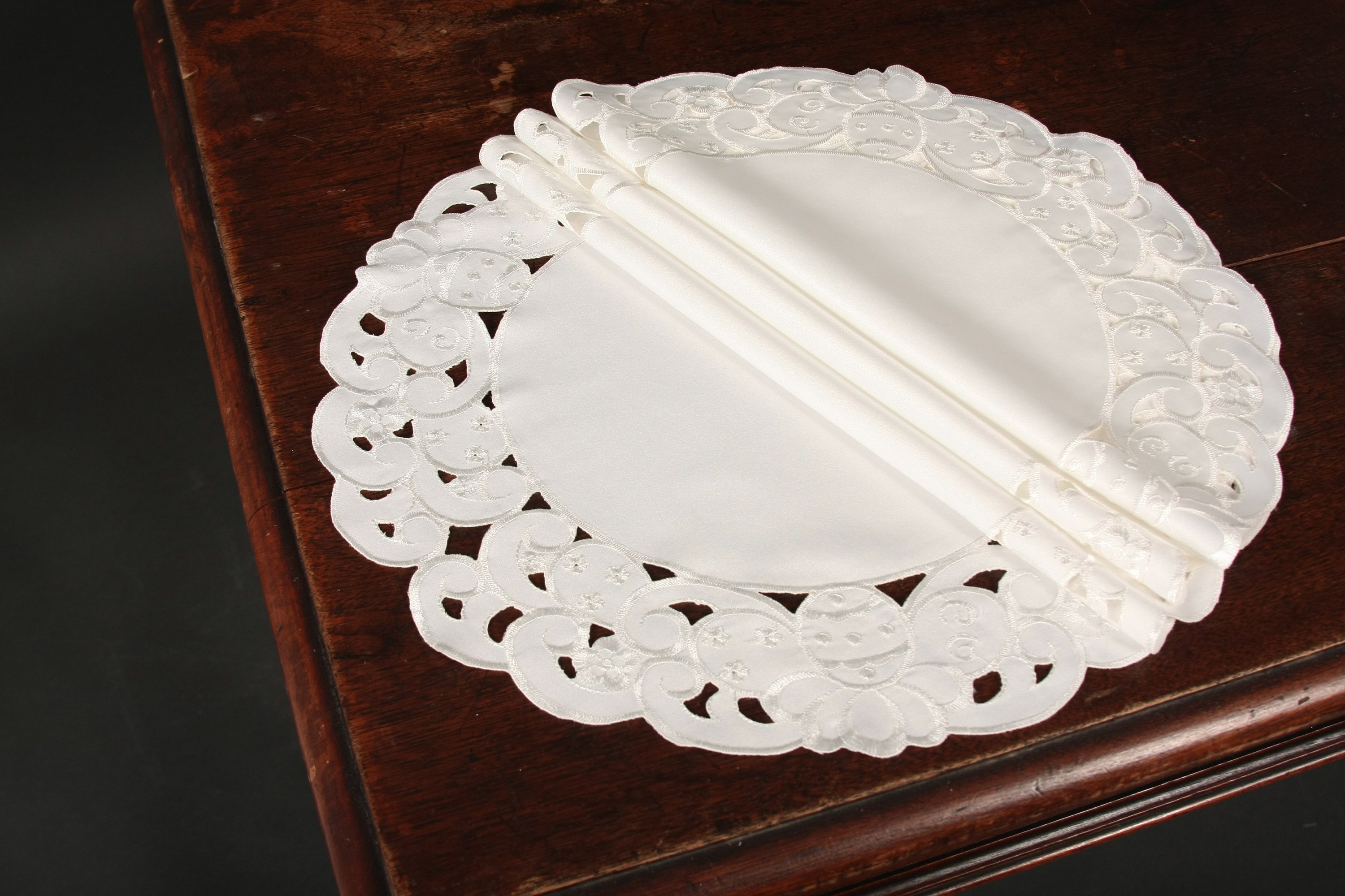 Set of 4 XD101836 Spring Egg Round Doilies featuring embroidered Easter eggs and intricate cutwork design, perfect for festive table settings.