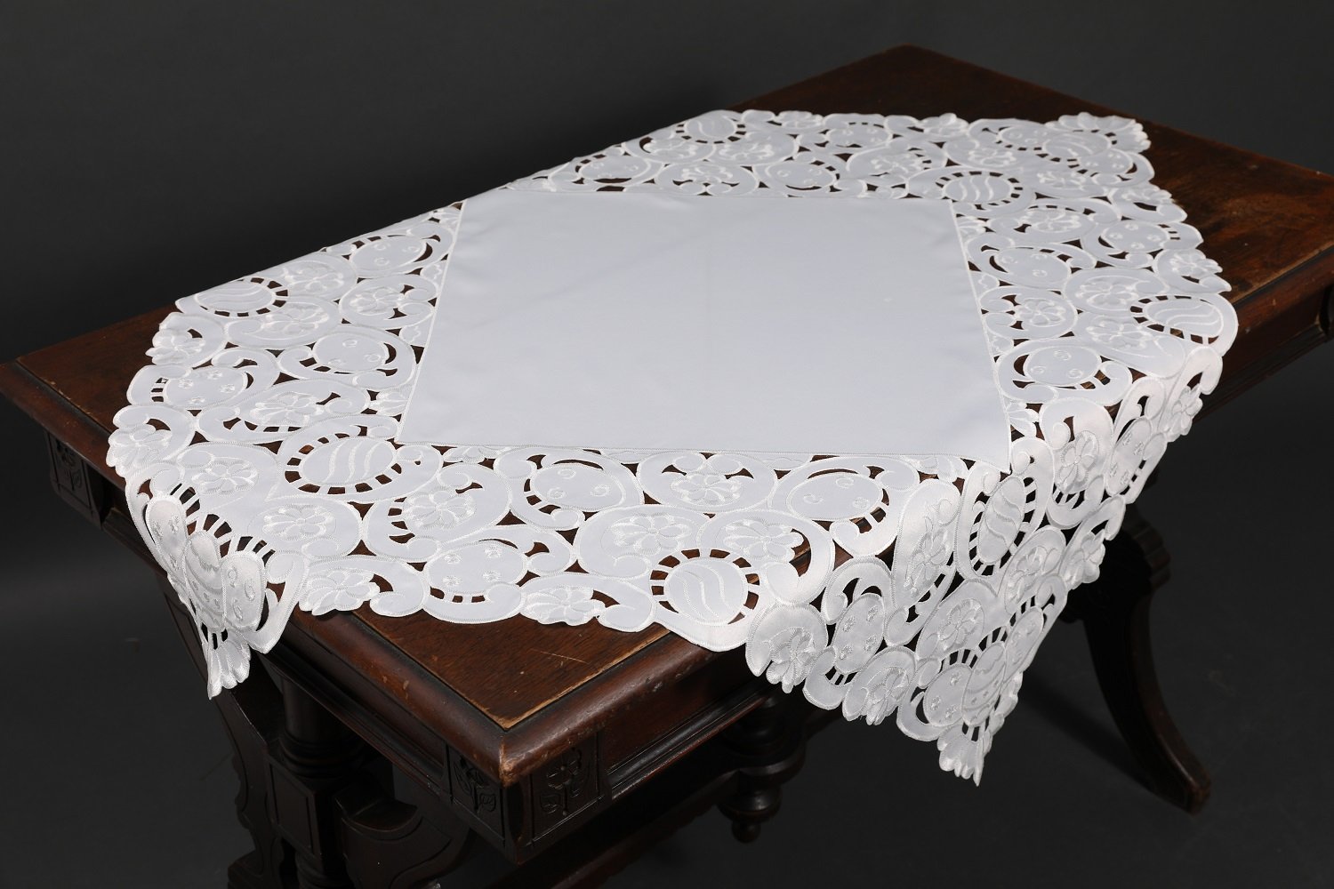 XD101836 Spring Egg Table Topper featuring embroidered Easter eggs on a cutwork design, perfect for festive table settings.