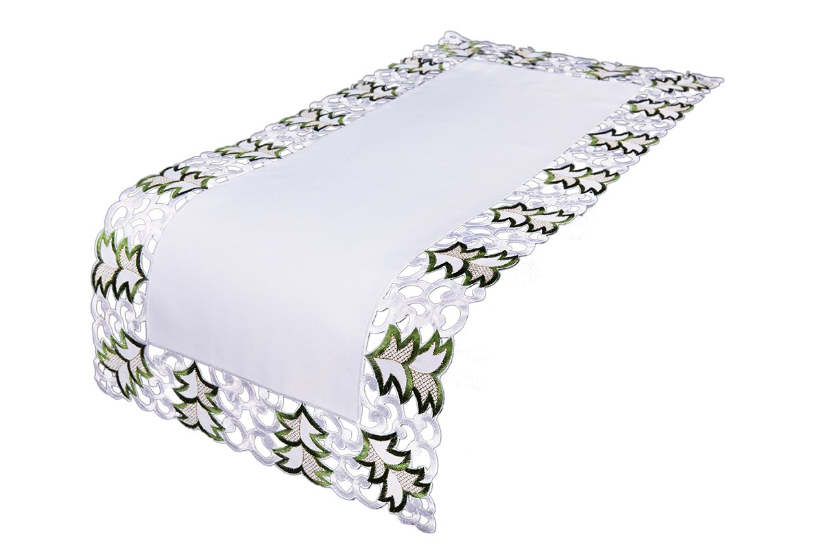 XD110708 Tannenbaum Table Runner featuring intricate Christmas tree embroidery and cutwork on a crisp white background.