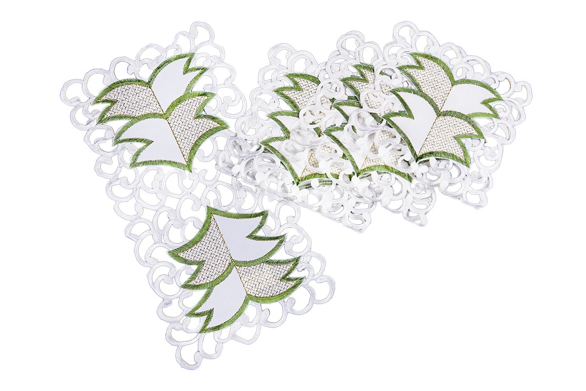 Set of 4 XD110708 Tannenbaum Traycloths featuring intricate Christmas tree embroidery on a crisp white background.