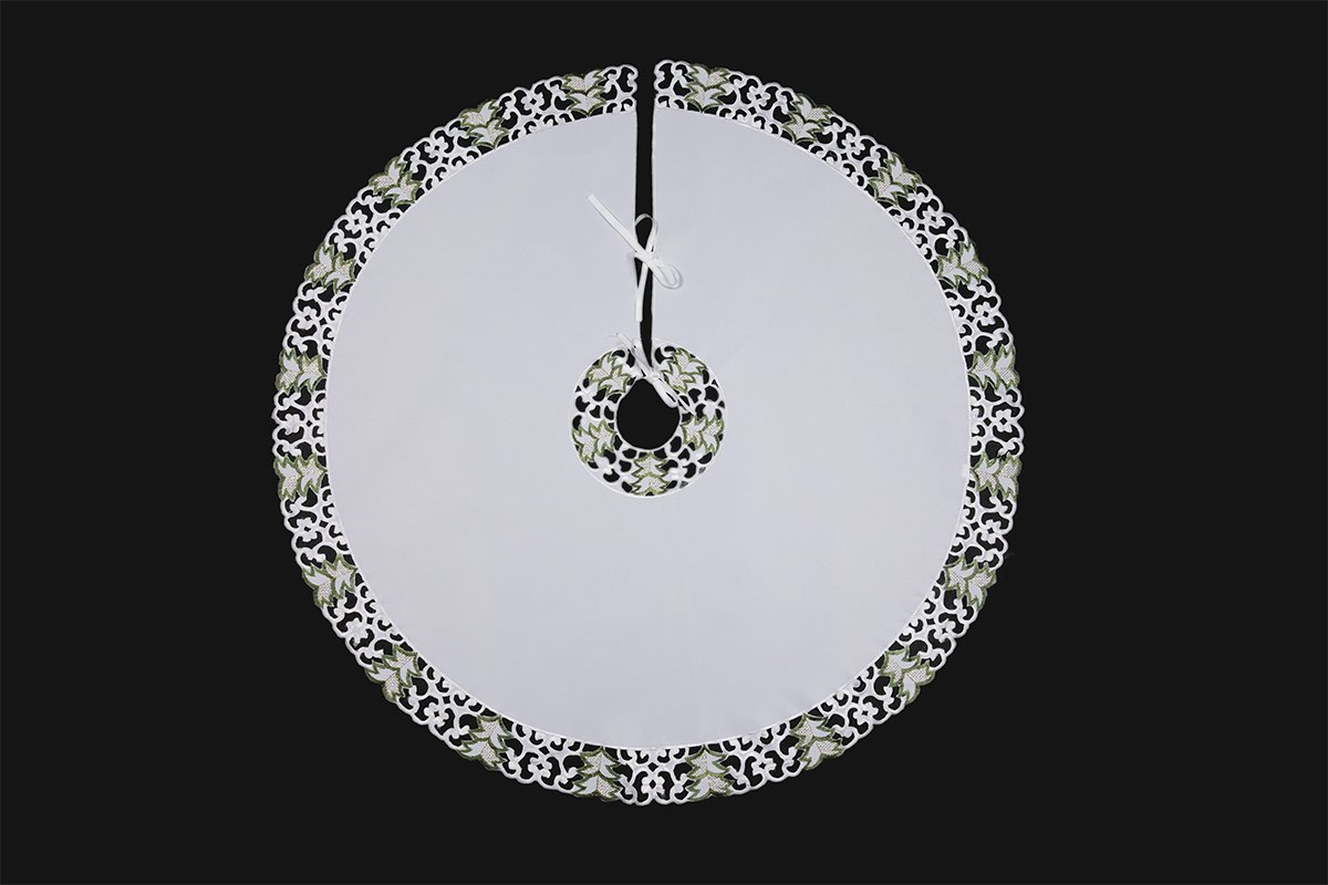 XD110708 Tannenbaum Tree Skirt, 48-inch round with intricate Christmas tree embroidery on a crisp white background.