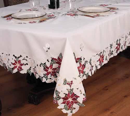 XD108802 Festive Yule Collection Tablecloth featuring embroidered red poinsettias and intricate cutwork design, perfect for Christmas gatherings.