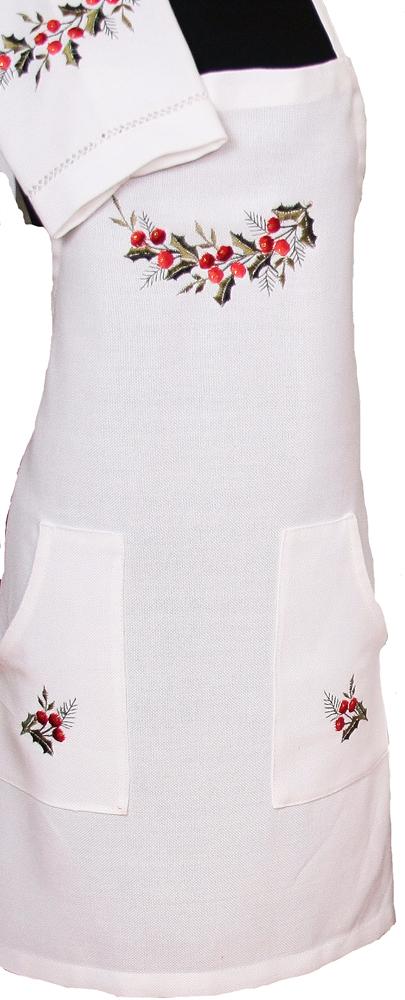 XD108059 Holly Berry Apron featuring intricate embroidery of holly leaves and berries, perfect for Christmas celebrations.