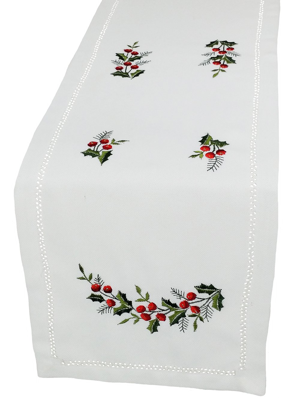 XD108059 Holly Berry Table Runner featuring intricate embroidery of holly leaves and berries on a rich fabric background.