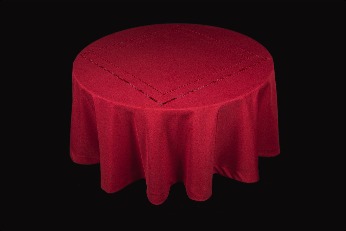 XD11099 Double Hemstitch Tablecloth in various colors with intricate cutwork trim, perfect for elegant dining settings.