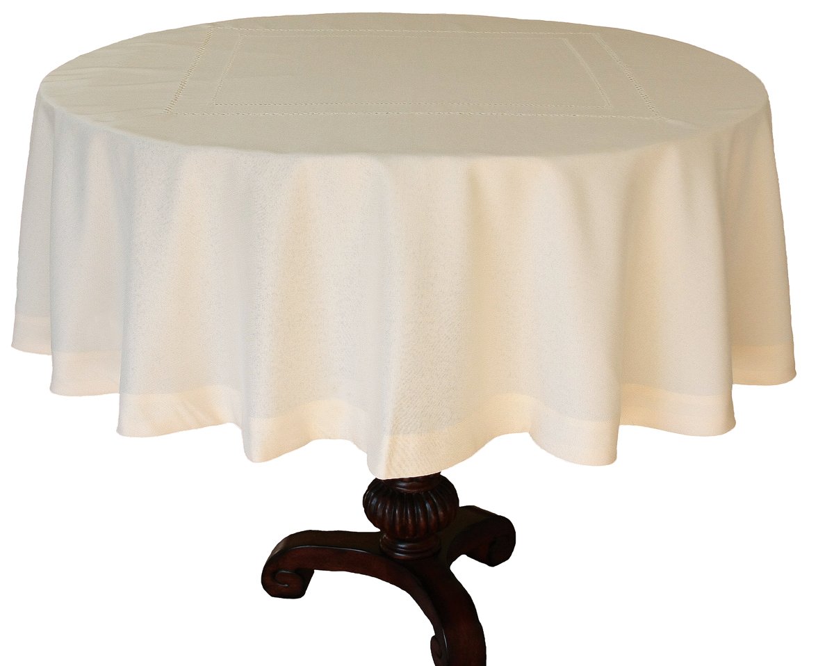 XD11099 Double Hemstitch Tablecloth in various colors with intricate cutwork trim, perfect for elegant dining settings.