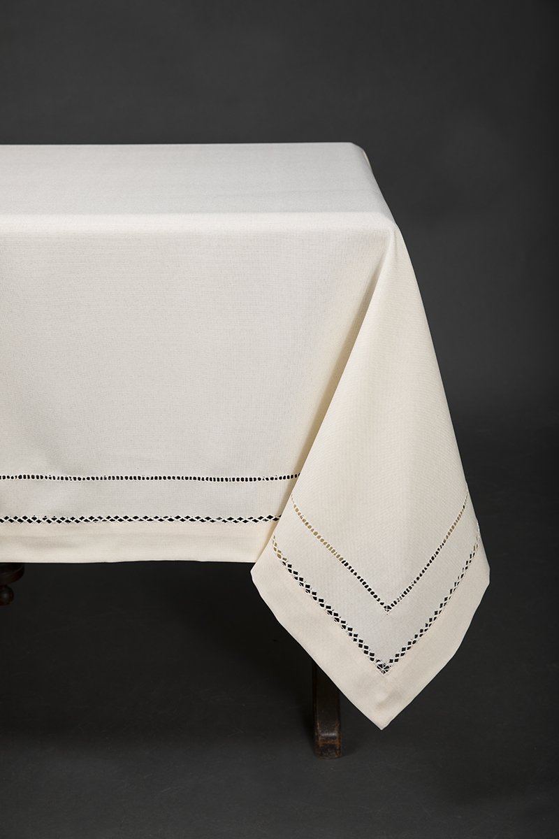 XD11099 Double Hemstitch Tablecloth in various colors with intricate cutwork trim, perfect for elegant dining settings.