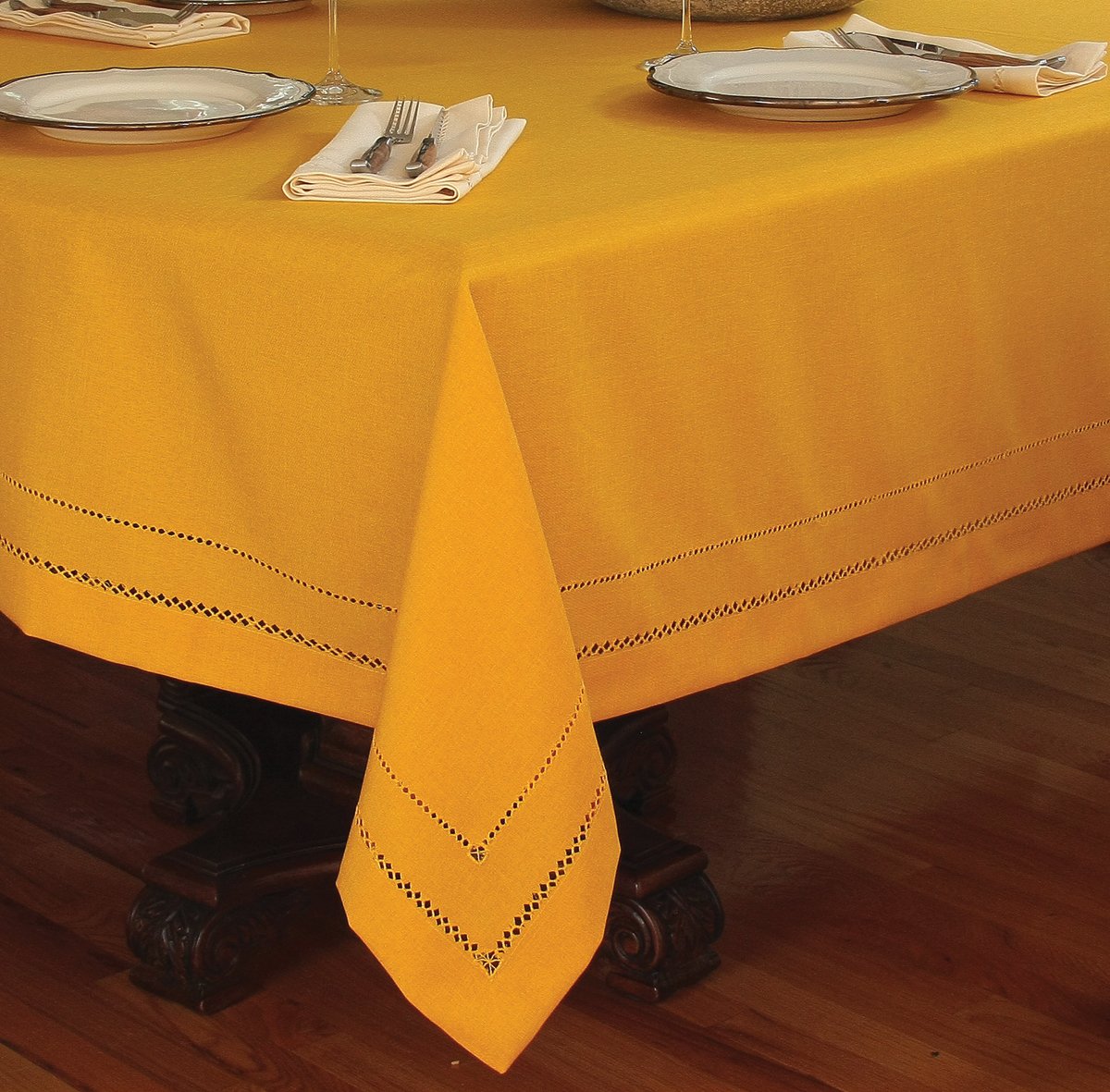 XD11099 Double Hemstitch Tablecloth in various colors with intricate cutwork trim, perfect for elegant dining settings.